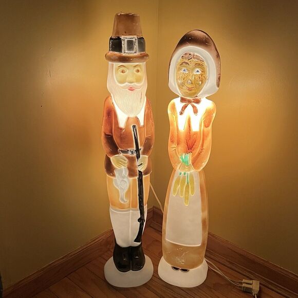 VTG Don Featherstone Blow Mold Pilgrim Couple Thanksgiving Light Up Man & Woman - Picture 2 of 16